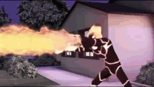 a cartoon character is standing in front of a house with a flame coming out of his mouth .