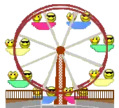 a pixel art of a ferris wheel with smiley faces riding it