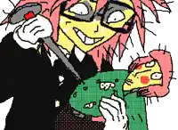 a pixel art drawing of a man with a knife holding a frog