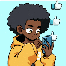 a boy in a yellow hoodie is looking at a cell phone with thumbs up around him
