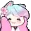 a pixel art drawing of a girl with pink and blue hair and a flower in her hair .