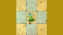 a small green plant is spinning on a checkered floor