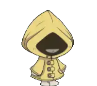 a cartoon character wearing a yellow raincoat with a black face and hood .