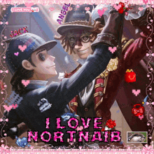a picture of two men dancing with the words " i love norinaib " written in pink