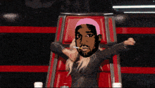 a pixelated image of a woman sitting in a chair with a man 's face on it