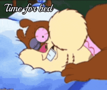 a cartoon of a bear laying in bed with the words time for bed above him