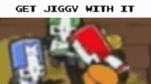 a pixelated image of a cartoon character holding a red book .