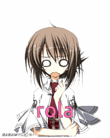a picture of a girl with the word rola in pink letters