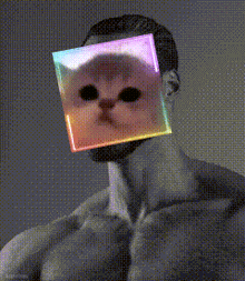 a man without a shirt has a picture of a dog on his face