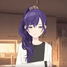 a girl with purple hair and blue eyes is standing in a room