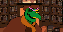 a pixel art drawing of a green bird wearing a hat and scarf in a library