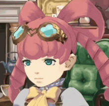 a girl with pink hair and goggles on her head is sitting on a chair .