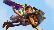 woody and buzz lightyear flying through the air
