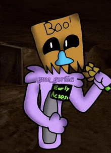 a cartoon character holding a sign that says boo on it