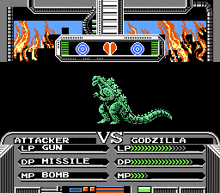 a video game screen shows a monster fighting another monster named godzilla