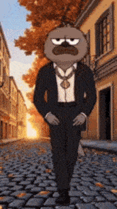 a cartoon character is standing on a cobblestone street wearing a suit and tie .