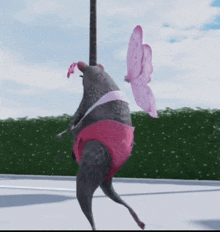 a pigeon in pink underwear is dancing on a pole with a pink butterfly behind it .