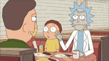 rick and morty are sitting at a diner table