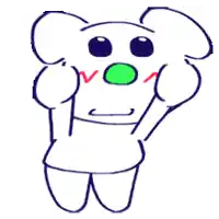 a cartoon drawing of a white mouse with a green nose