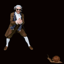 a man in a suit and scarf is dancing with a snail behind him