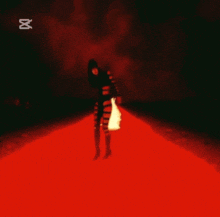 a silhouette of a person walking on a red carpet with the letter x in the background
