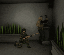 a man in a military uniform is kneeling down and holding a rifle