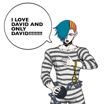 a drawing of a prisoner with a speech bubble that says i love david and only david