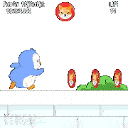a video game called tuggy penguins shows a penguin and a shiba inu
