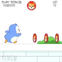 a video game called tuggy penguins shows a penguin and a shiba inu