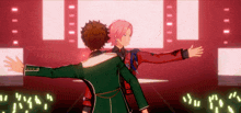 two anime characters are standing next to each other on a stage .