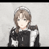 a girl in a maid outfit is holding a black cat