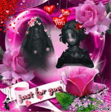 a picture of a couple with hearts that say i love you and a sign that says just for you