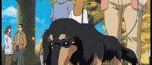 a cartoon drawing of a dog on a leash with people standing around