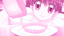 a pink anime girl is pouring sauce into a cup on a plate