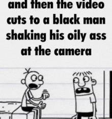 a black man is shaking his oily ass at a camera .