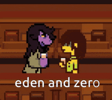 a pixel art of a woman holding a drink and the words eden and zero below her .