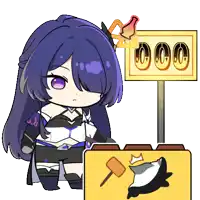 a cartoon girl with purple hair is standing next to a sign that says 000