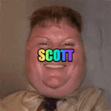 a man with scott written on his face is smiling