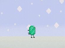 a cartoon emerald with arms and legs and a sad face is standing on a blue background .