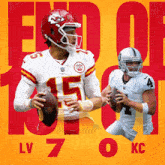 a football player with the number 15 on his jersey is holding a ball