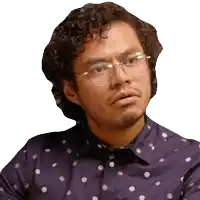 a man with curly hair wearing glasses and a purple shirt with white polka dots