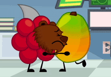 a cartoon of a bear and a mango with the letter l on the bottom right