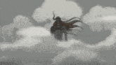a cartoon character with horns is standing in a cloudy sky