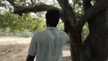 a man leaning against a tree with his back to the camera