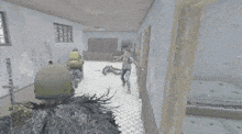 a man with a backpack is running through a hallway