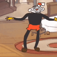 a cartoon character is standing on a rug with his arms outstretched .