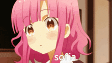 a pink haired anime girl with the name sofia written on her face