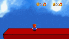 a video game screen shows a cartoon character standing on top of a red block