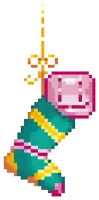a pixel art christmas stocking with a pink rhinestone