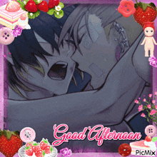 a picture of a man kissing another man with the words good afternoon on the bottom